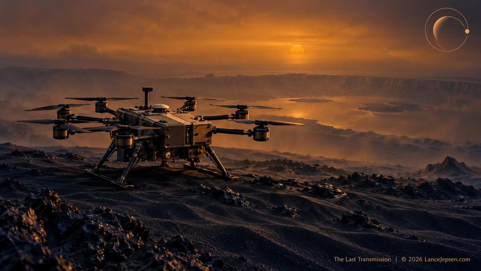 Imagined NASA Dragonfly rotorcraft on Titan’s surface