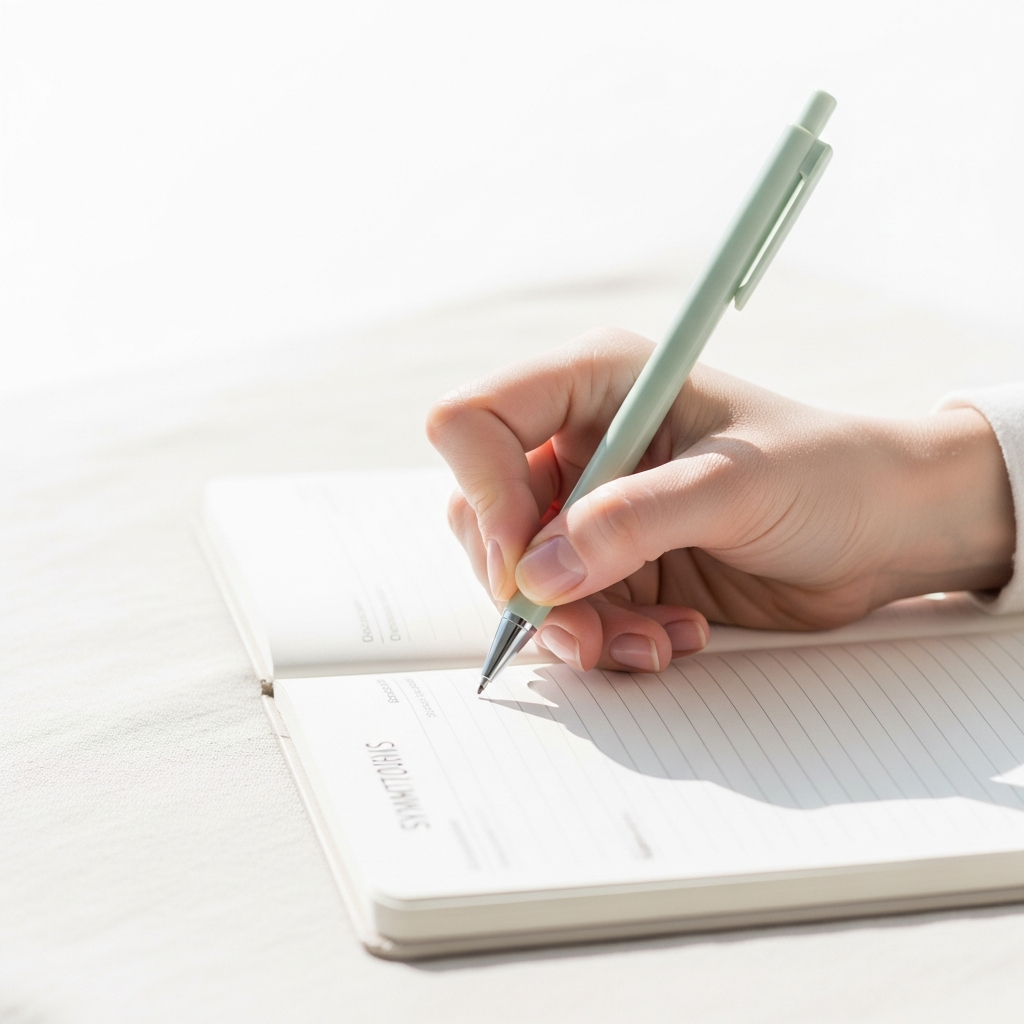 Light and airy close-up of a hand writing in a symptom journal on a cream linen surface, bright natural daylight, soft sage pen, white background, no face visible