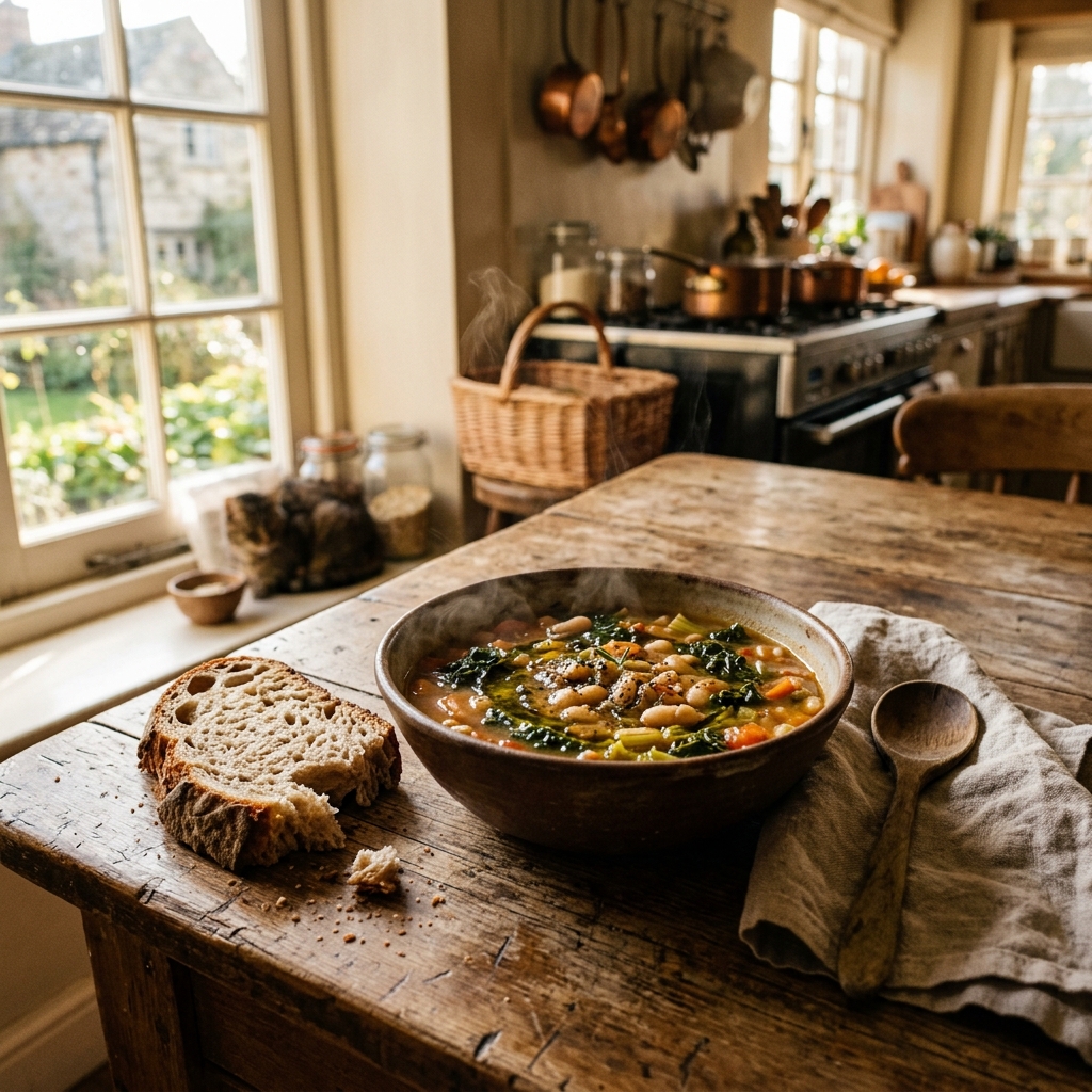 A warm bowl of Tuscan white bean and kale soup with crusty bread on a farmhouse table
