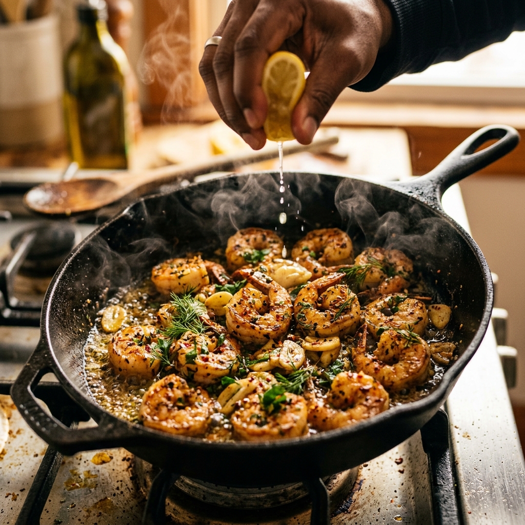 Close-up of golden Mediterranean lemon-garlic shrimp sizzling in a cast iron skillet with fresh herbs and lemon