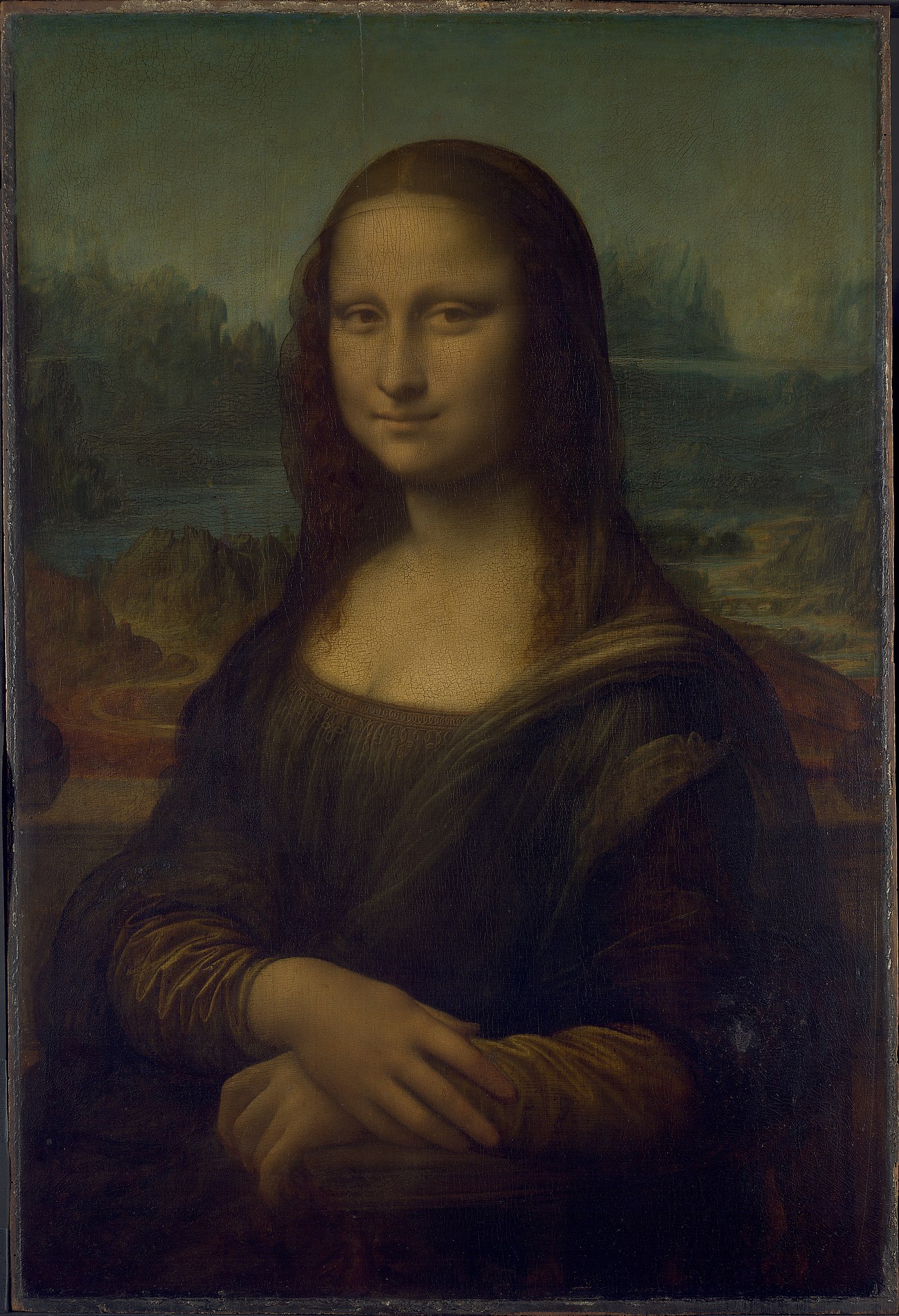 Leonardo da Vinci's Mona Lisa portrait with folded hands and distant landscape