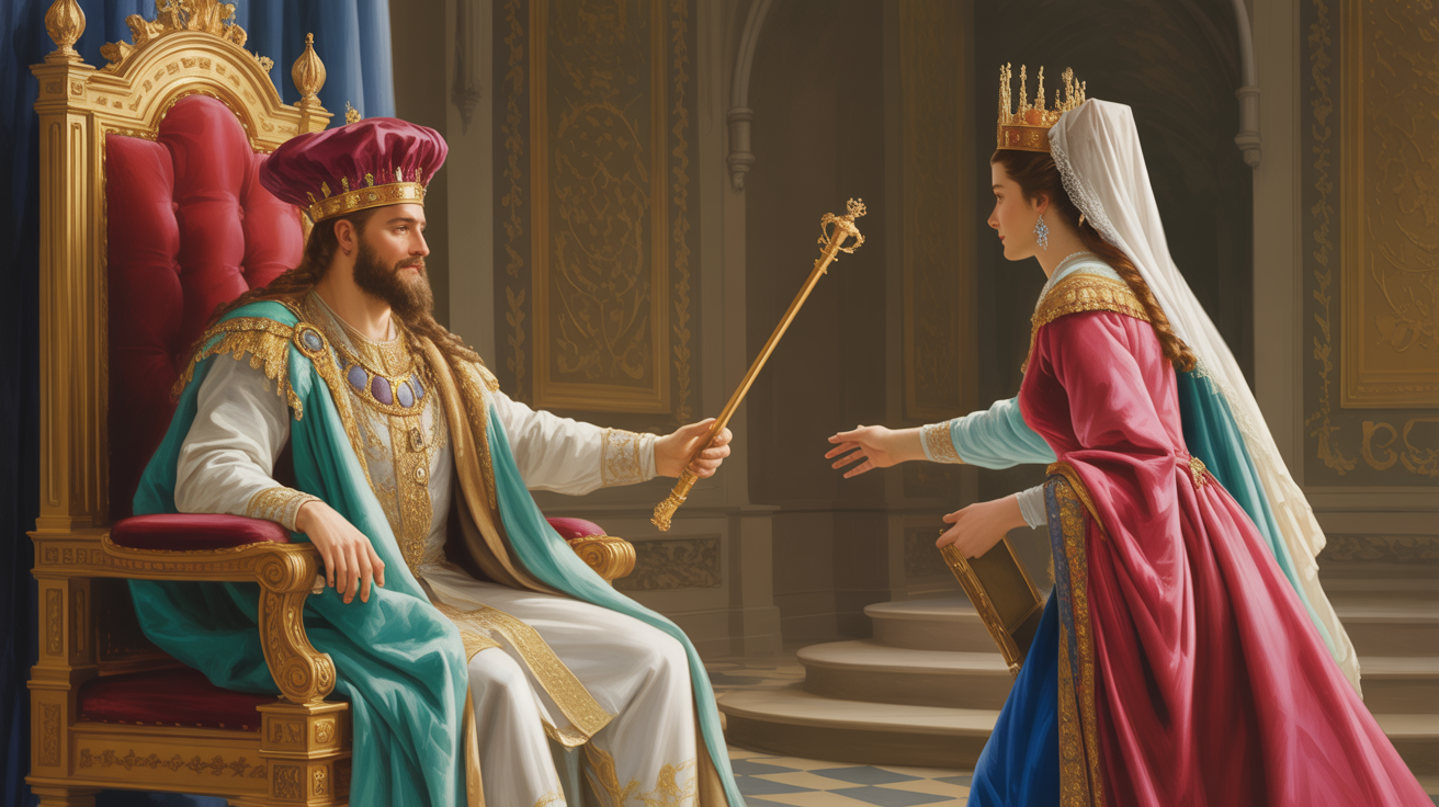 Illustration of Queen Esther fasting and praying before approaching the king.