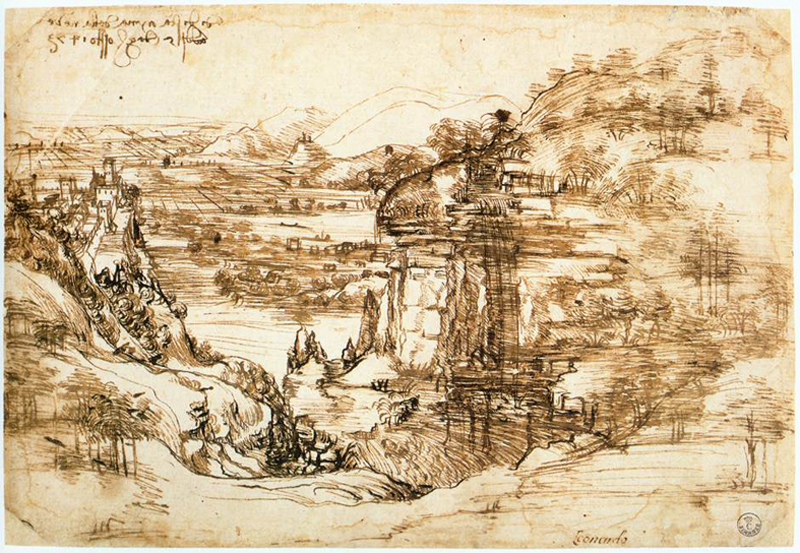 Leonardo da Vinci's pen-and-ink landscape drawing of the Arno valley