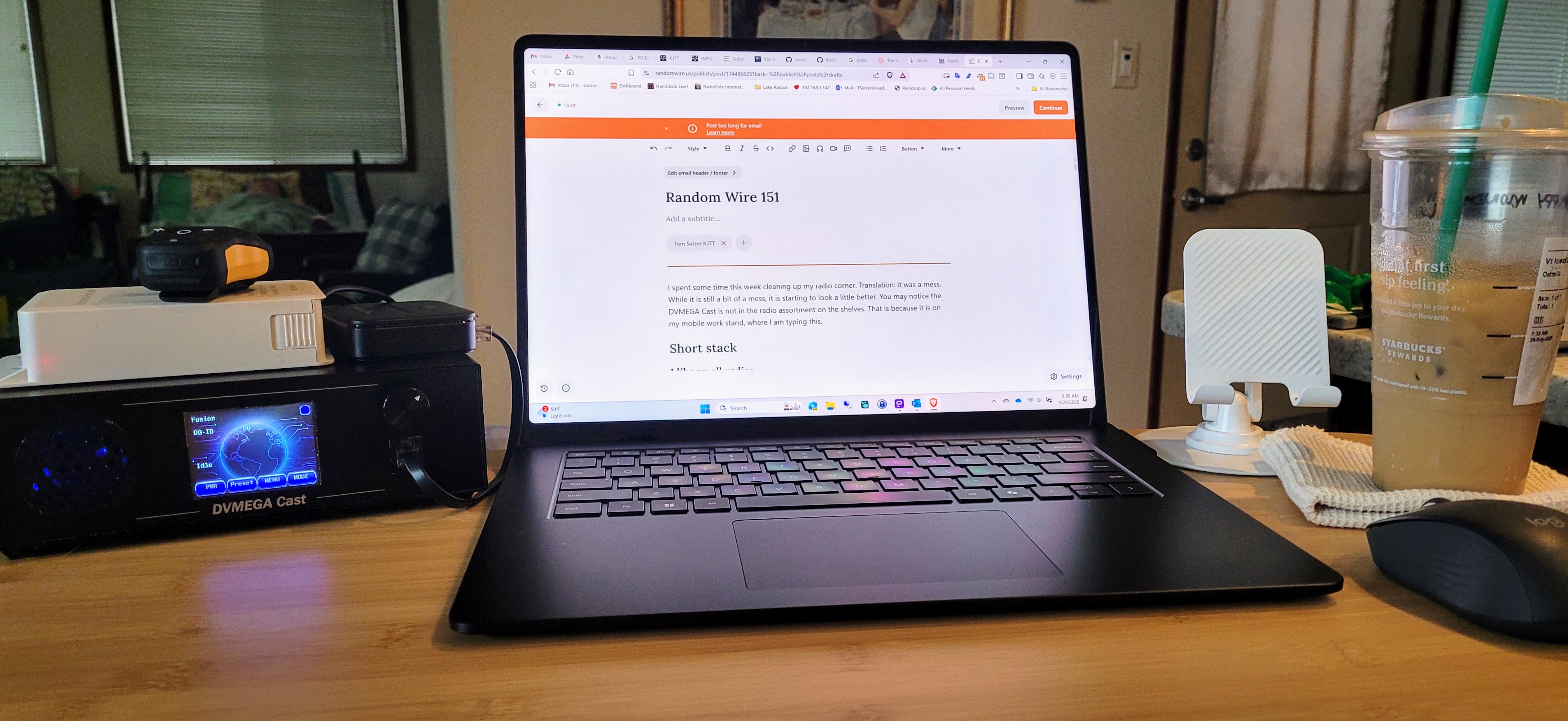 Writing at the mobile work station with the DVMEGA Cast beside me