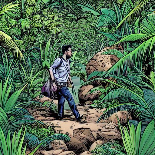 A hipster doofus with a satchel and nary a care in the world walks along a rocky and thickly covered jungle path.