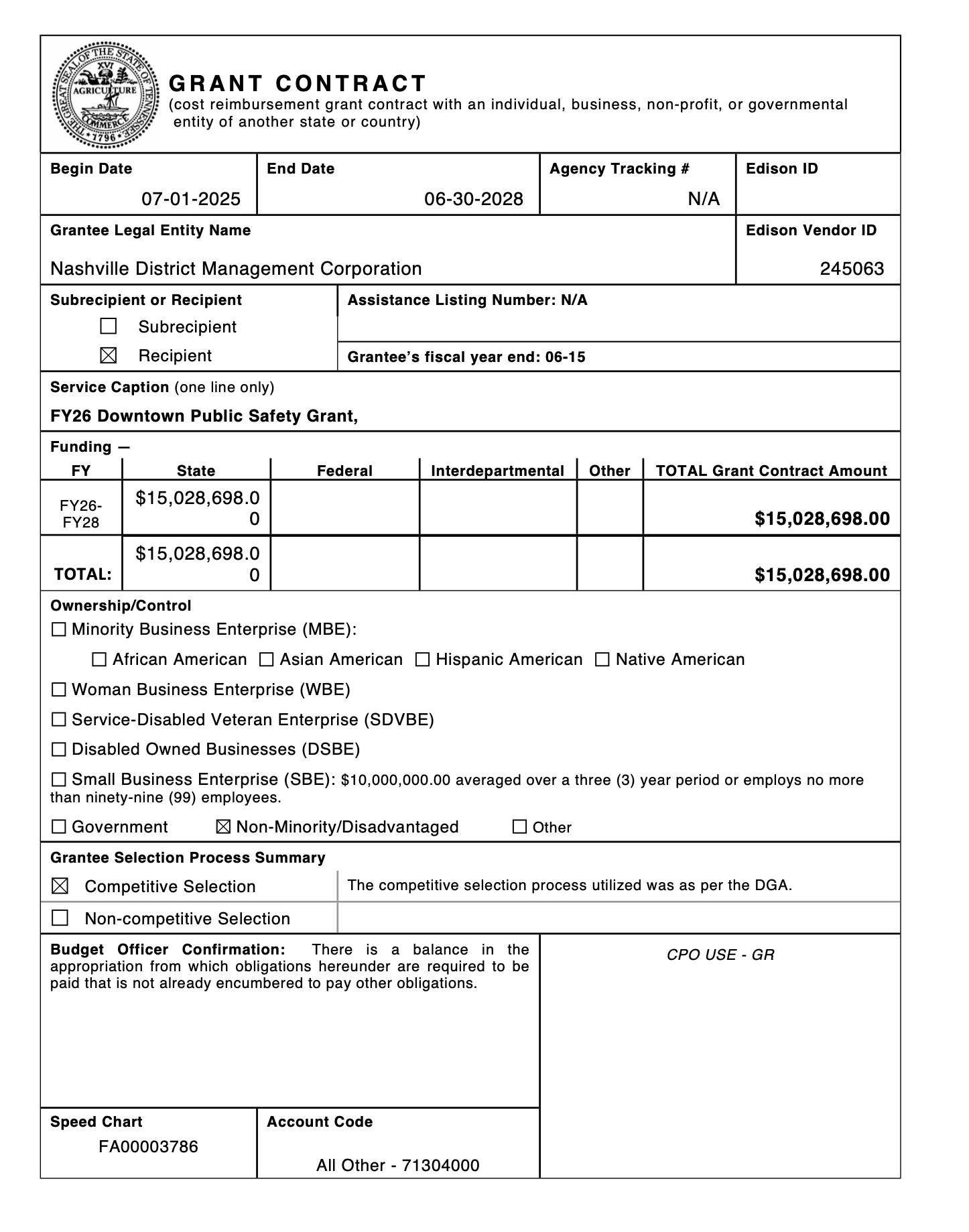 Grant contract showing District Management Corporation as grantee