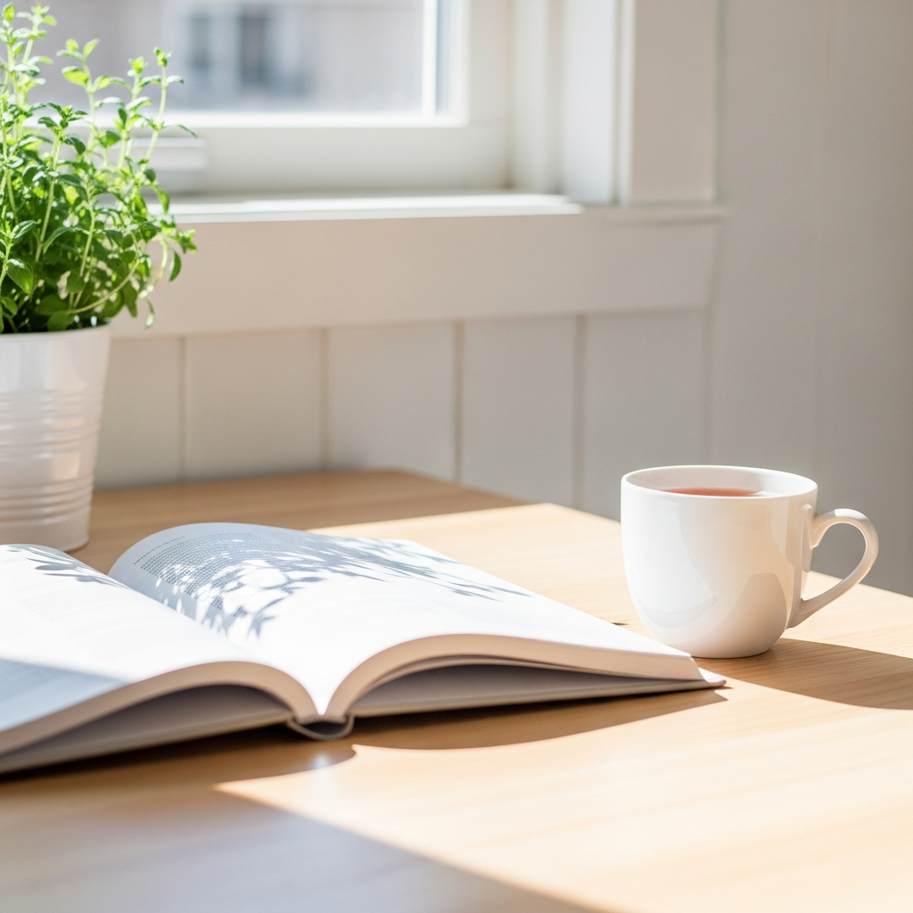 Bright photograph of an open research journal and a white ceramic mug of tea on a light wood table, sunlit from a nearby window, with a small potted herb plant in the background