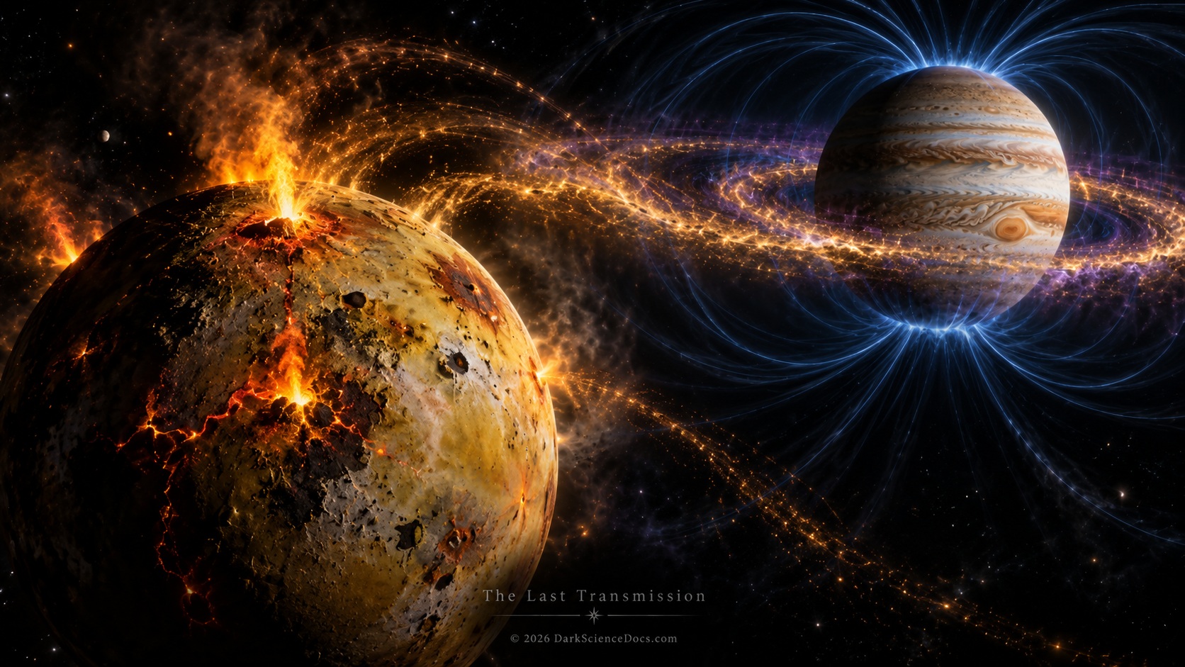 Concept artwork. Io’s volcanism supplies material to the environment shaped by Jupiter’s magnetic field.