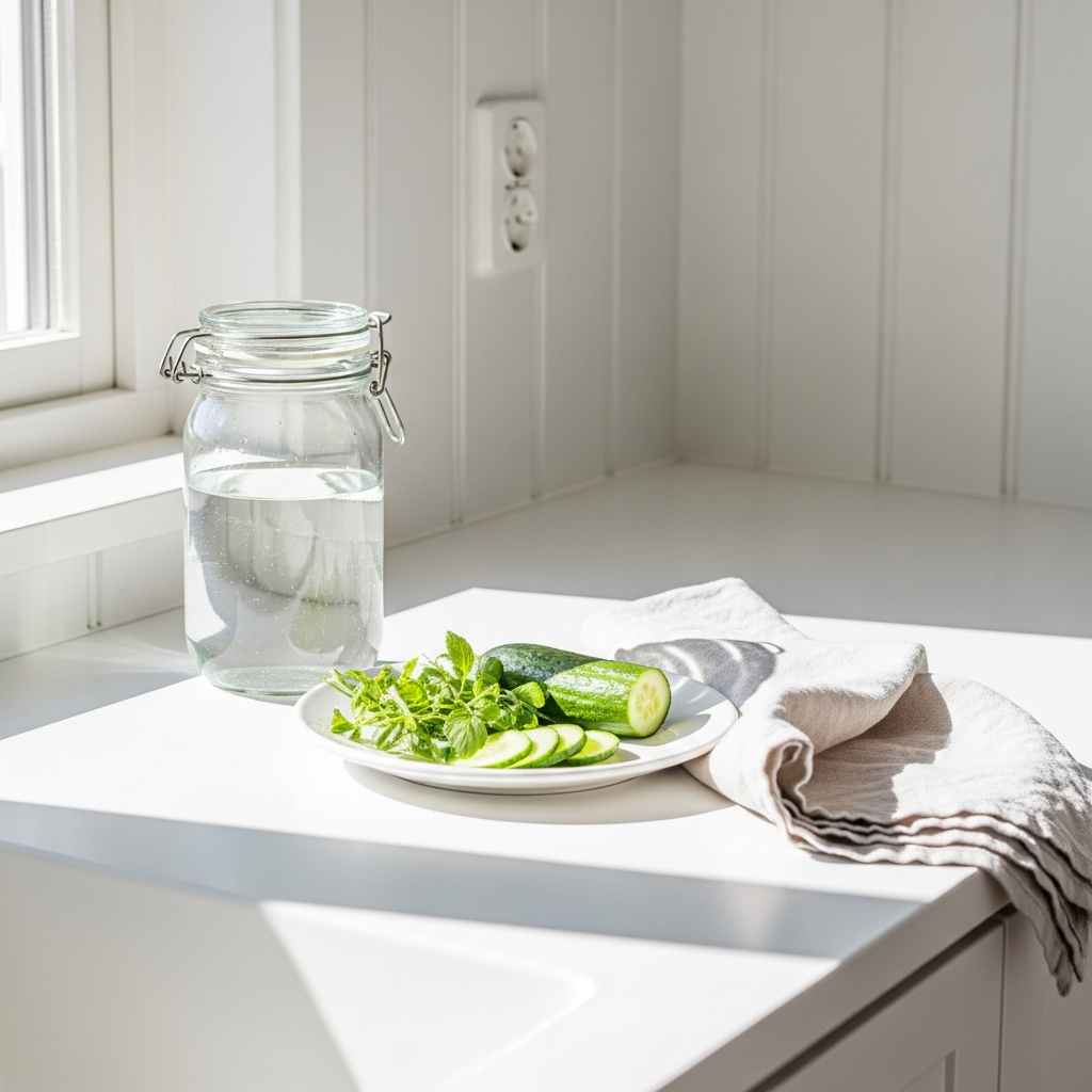 Bright photograph of a sunlit white kitchen counter with a glass jar of water, a small white plate of sliced cucumber and fresh herbs, and a light linen cloth folded beside it, shot in bright natural daylight with white walls in the background