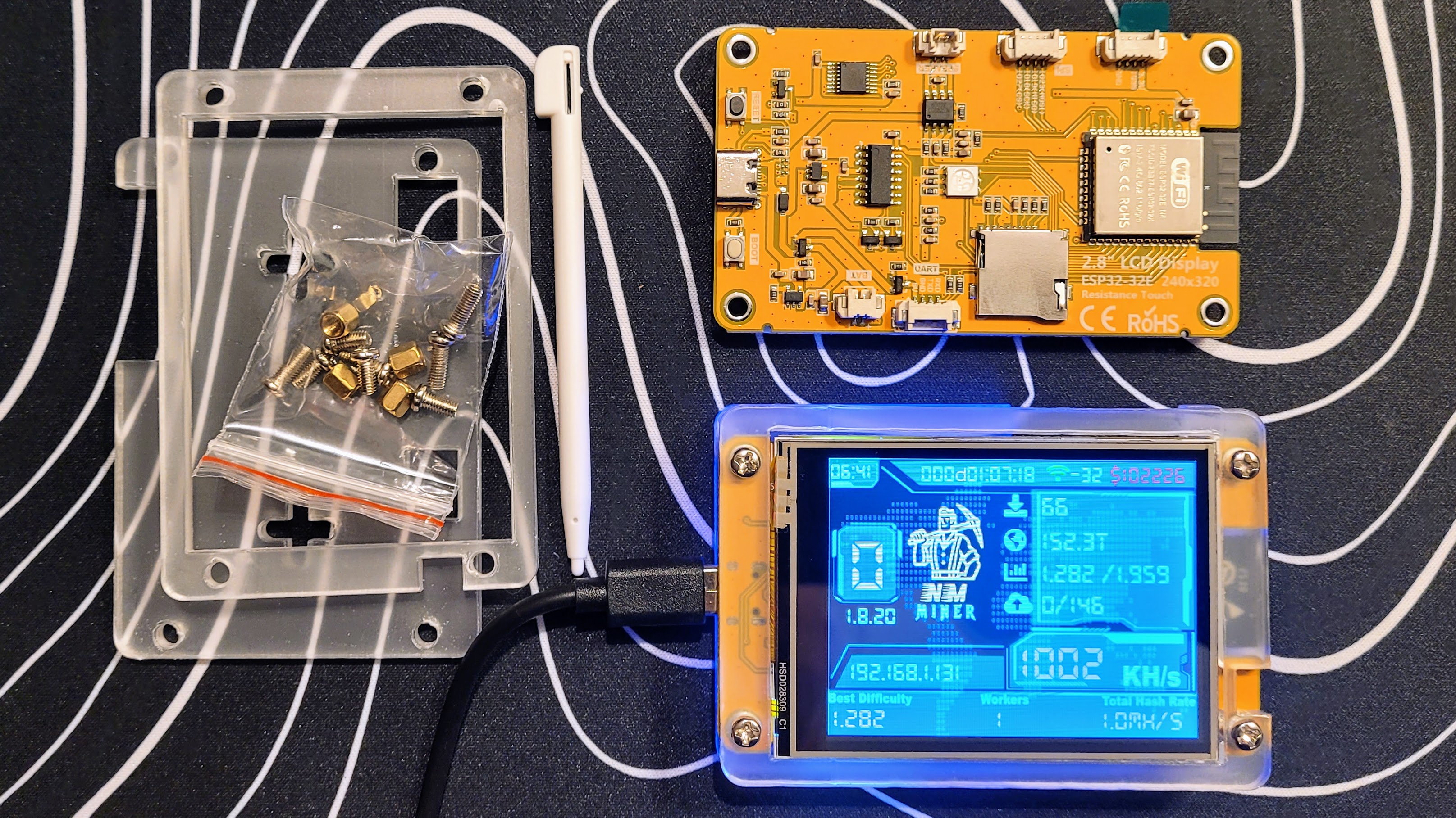 The kit and an assembled, operating miner