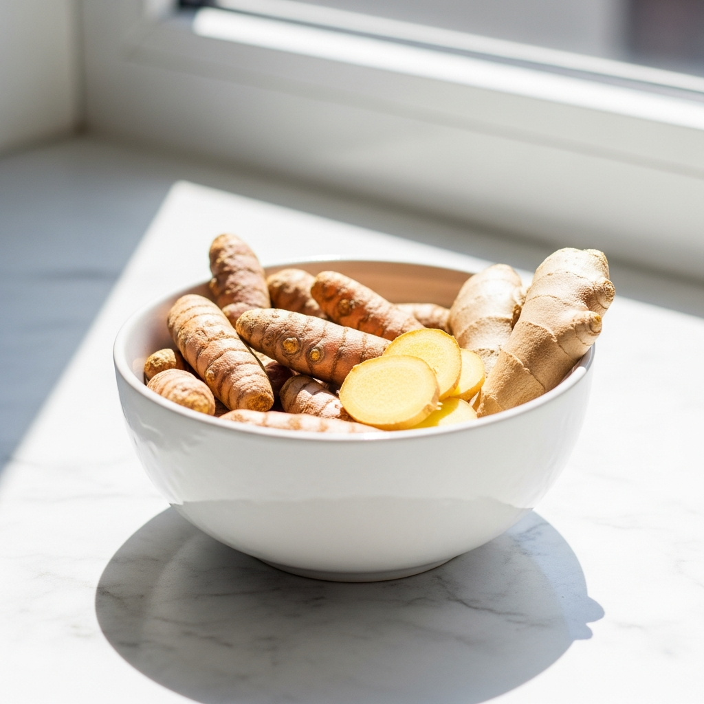Light and airy close-up of a white ceramic bowl filled with fresh turmeric root and sliced ginger on a sunlit white marble countertop, with soft natural light from a nearby window