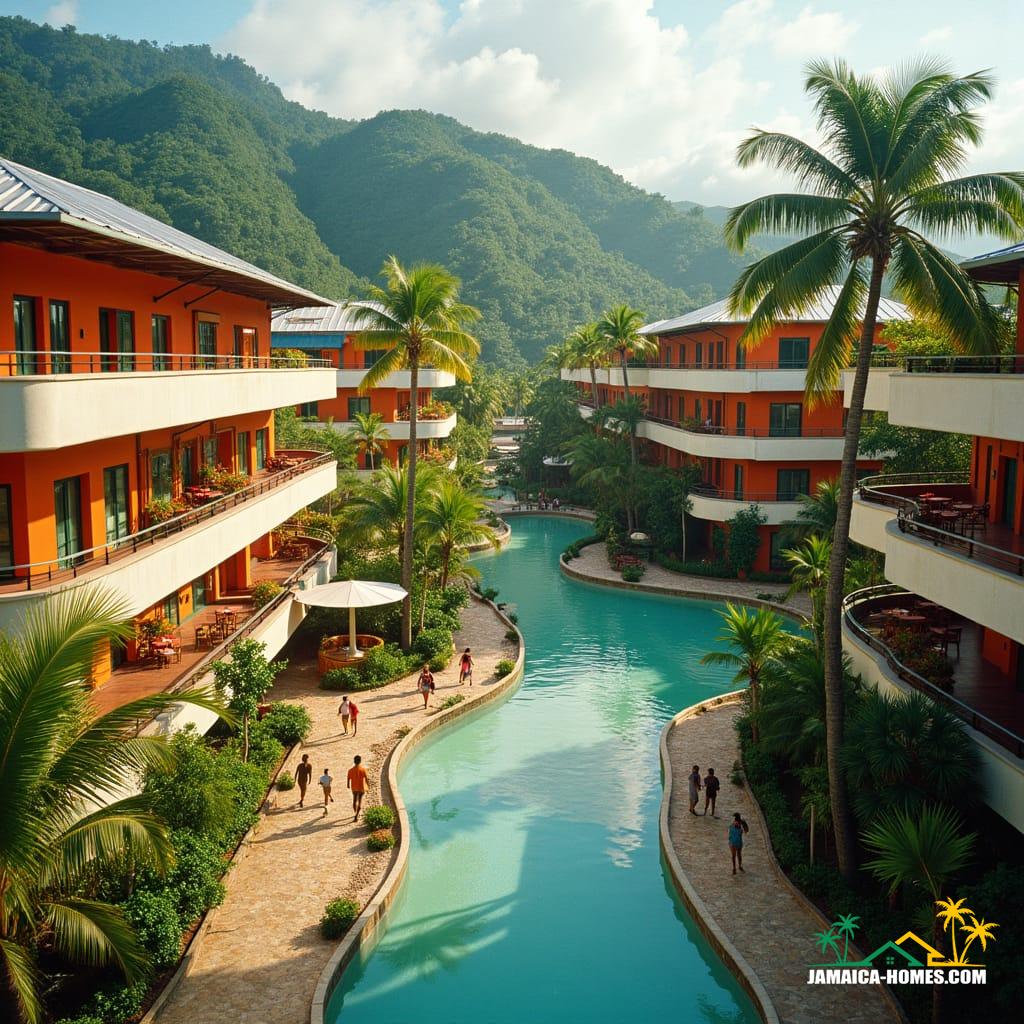 A vibrant, multi-use complex in Ocho Rios, Jamaica, set against a lush tropical backdrop, with winding water features and lush greenery. Brightly colored, curved buildings with limestone and wooden facades, punctuated by open spaces, cafes, and shops. Residential apartments blend seamlessly into the surroundings, as people of all ages stroll through the walkable community, immersing themselves in the distinct Caribbean atmosphere. Inspired by the cinematography of Emmanuel Lubezki, the color palette of Wes Anderson, and the architectural nuances of Ricardo Bofill, with a blend of Art Deco and modern tropical styles.