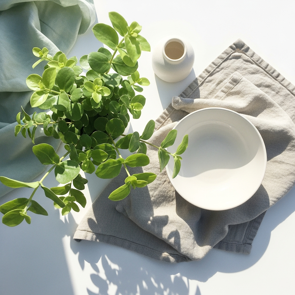 Overhead flat lay of a small green plant, a white ceramic bowl, and a linen cloth on a bright white surface, natural daylight, soft sage and cream tones, no text
