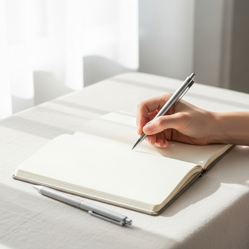 Light and airy close-up of a person's hand writing in an open notebook on a cream linen surface, bright natural window light, pen resting beside the page, no text visible