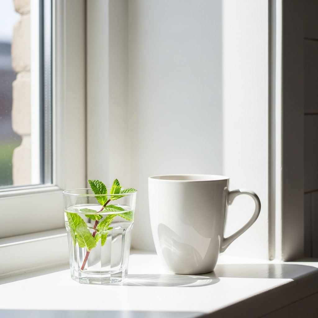 Bright photograph of a sunlit kitchen windowsill with a small glass of water, a single fresh sprig of mint, and a plain white ceramic mug, white walls in background, airy and calm