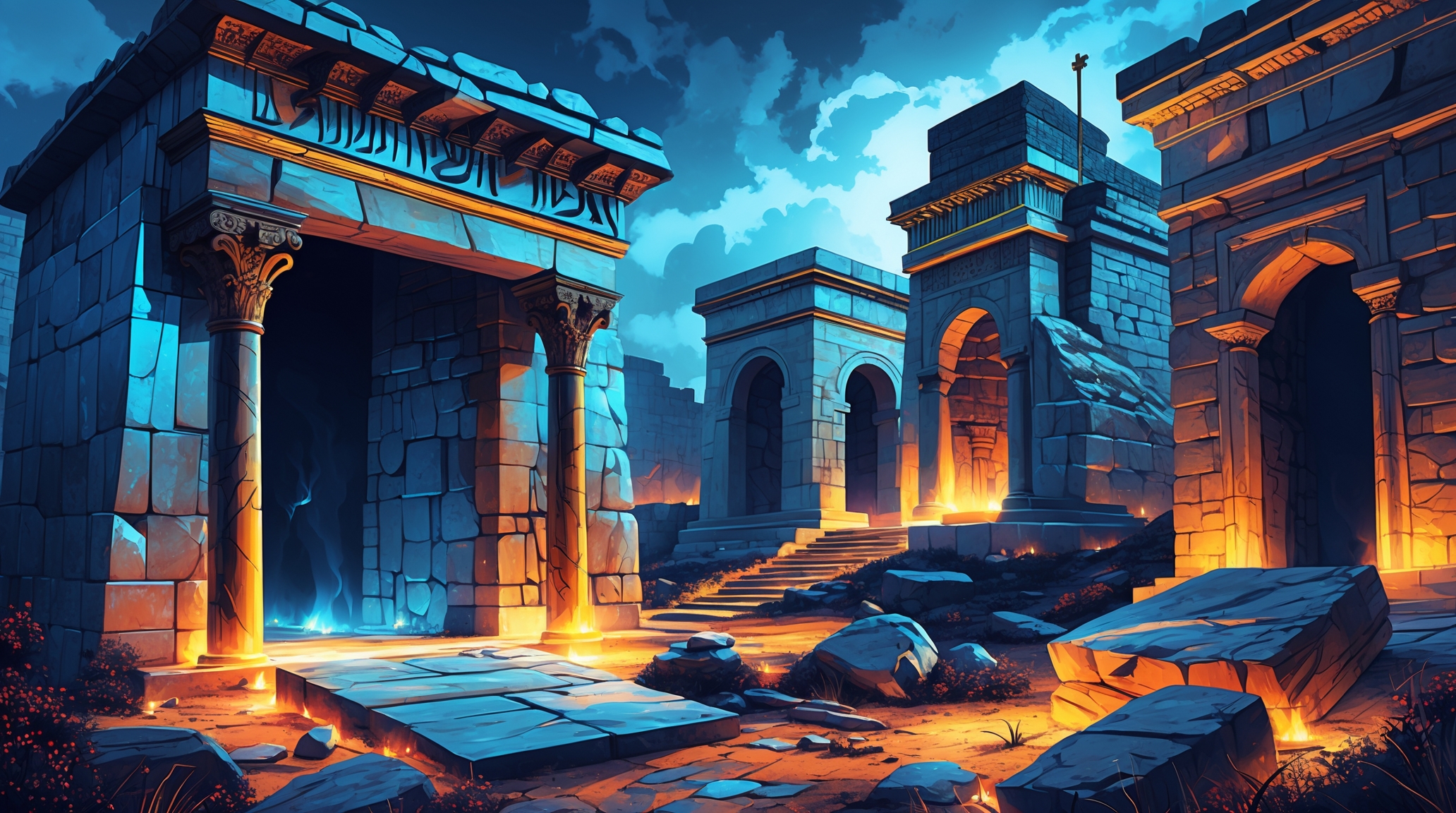 Illustration of ancient stone tombs standing open at night, with broken entrances, glowing light, and a quiet, awe-filled atmosphere symbolizing the graves opening after Jesus' death.