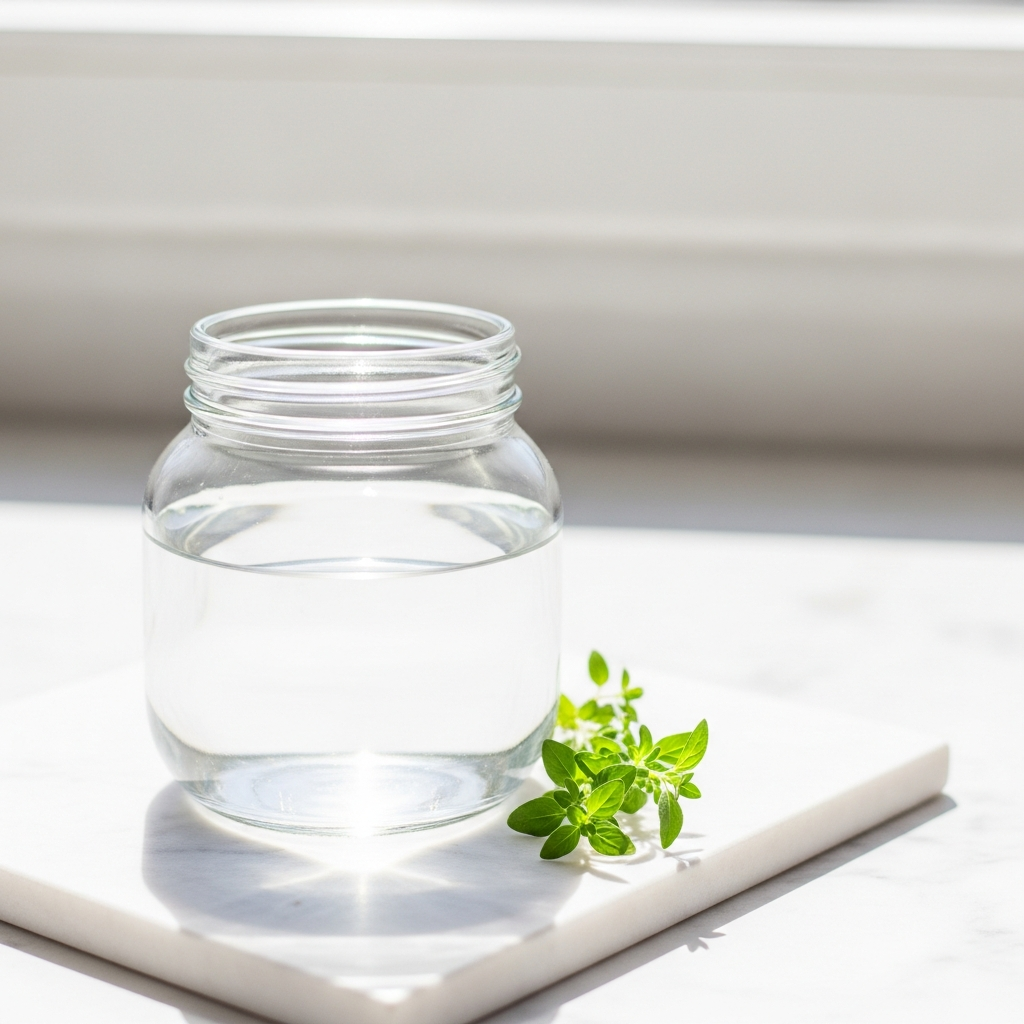 Light and airy close-up of a glass jar filled with water on a white marble surface in bright natural daylight, with a small sprig of fresh herbs beside it