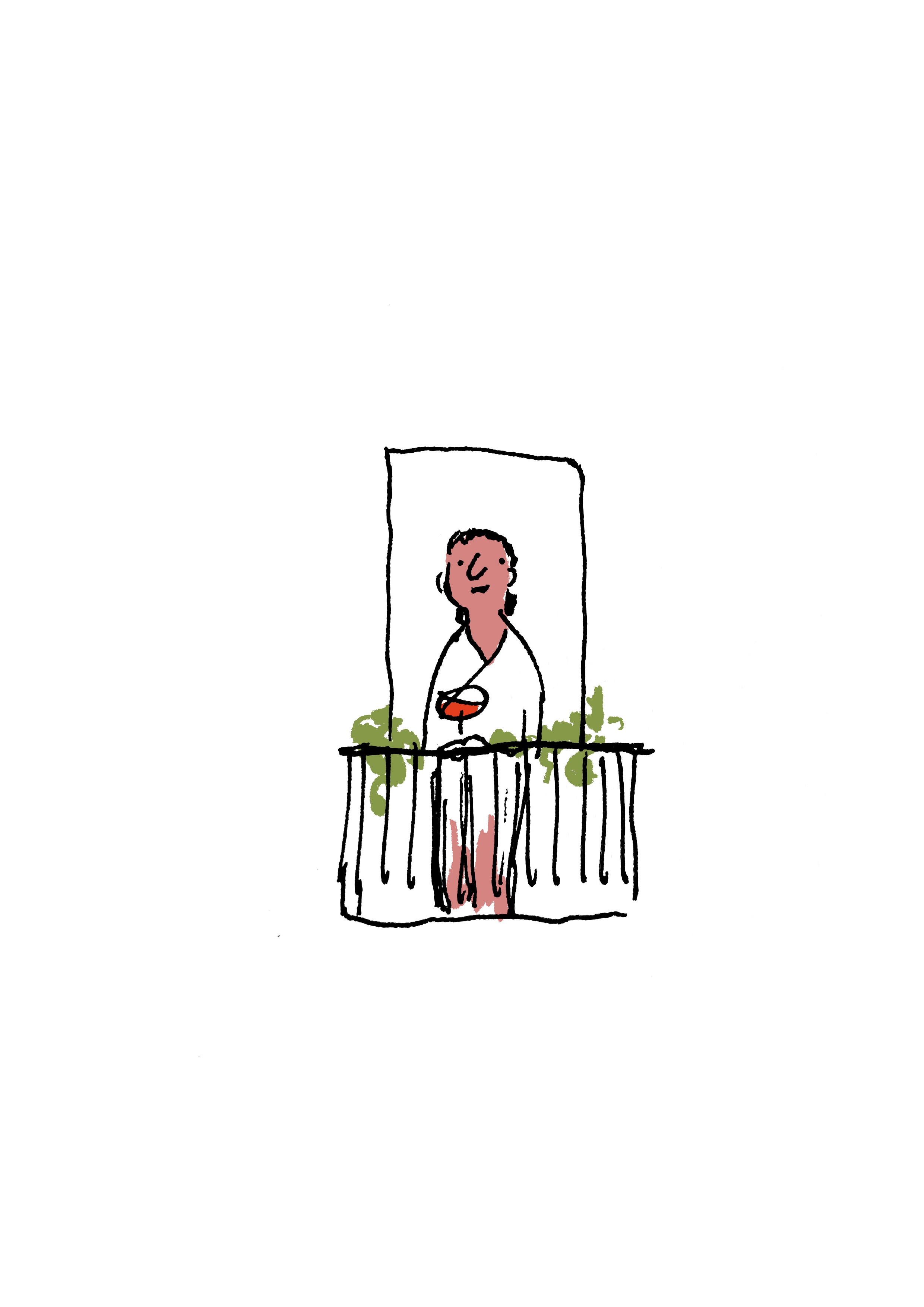 Illustration. A sunburned figure in a white bathrobe stands on a balcony, staring into space with a glass of wine in front of them.