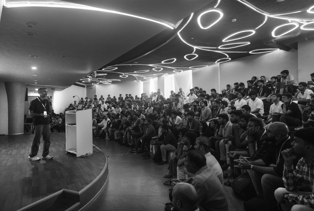 Sairam speaking about Vision Language Models to a packed audience at DevFest 2025, IIT Madras