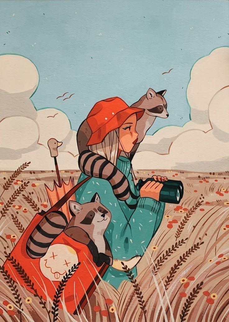 This may contain: a painting of a girl in the middle of a field with two cats on her back