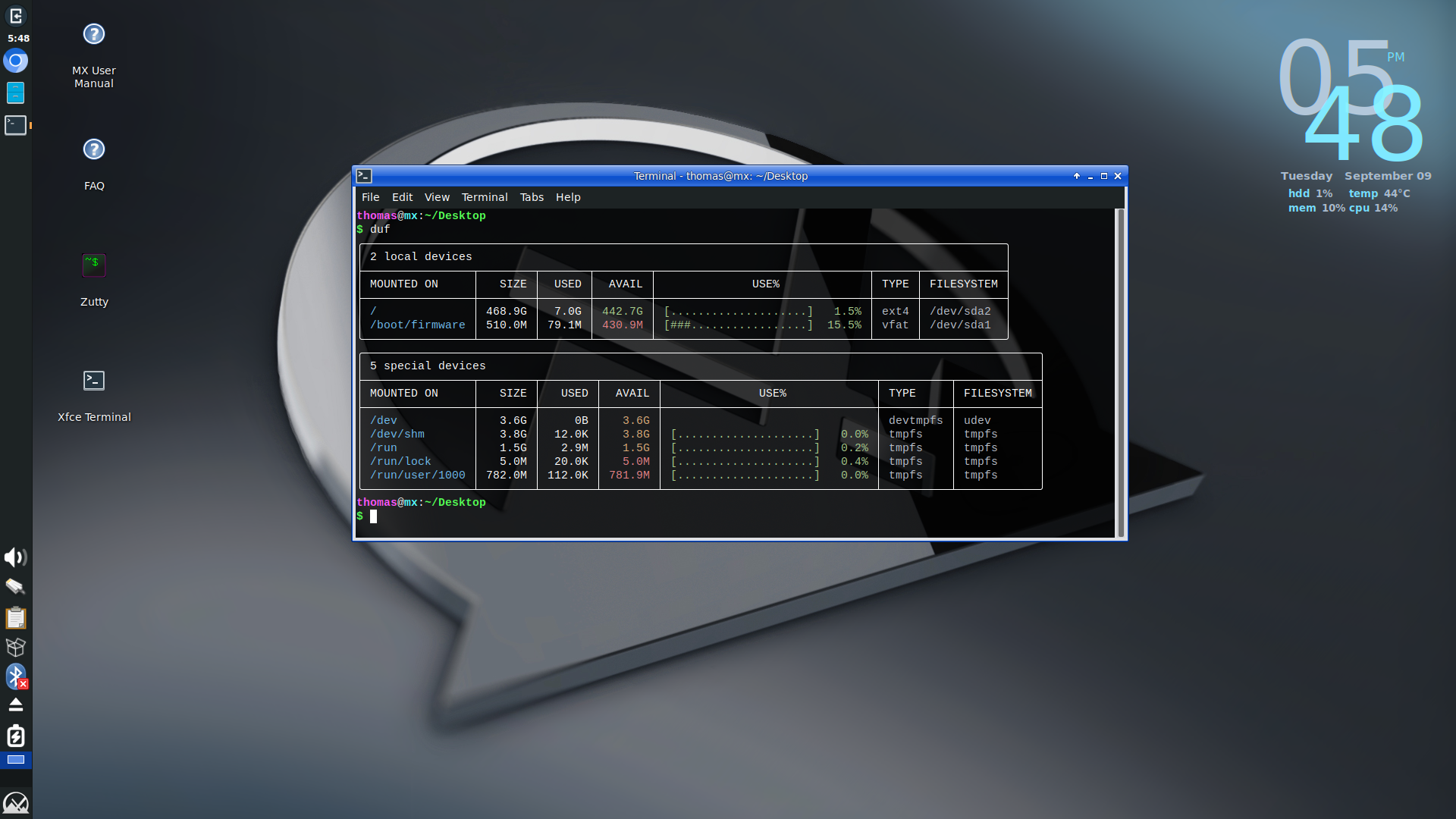 duf output in a terminal window on the MX Linux desktop