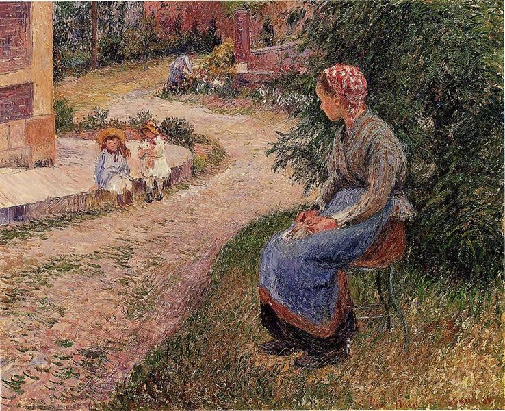 Painting of a seated woman watching children on a village path