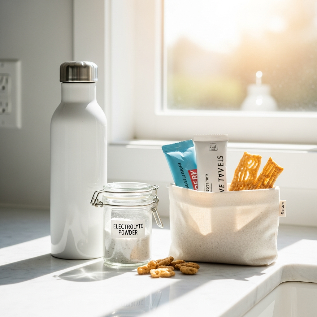 Bright photograph of a white ceramic water bottle, a small glass jar of electrolyte powder, and a linen pouch of travel snacks arranged on a light marble countertop in bright natural daylight, with a sunlit window in the background