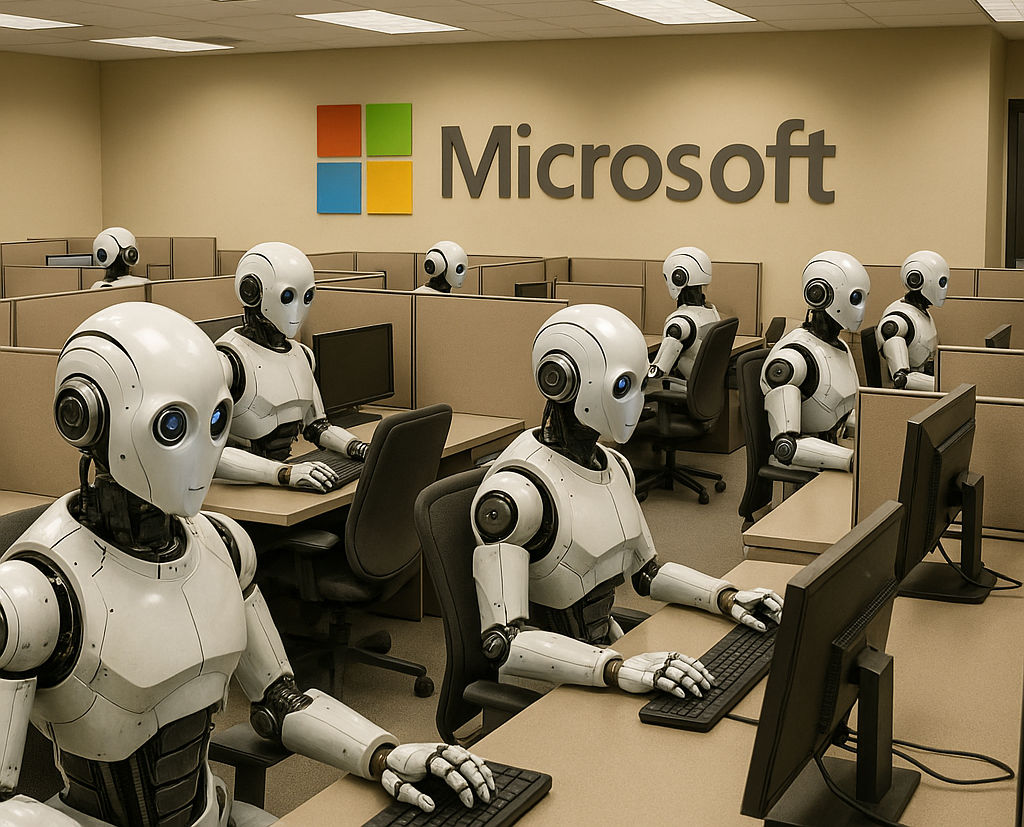 Robots sitting in cubicles typing on computers beneath a Microsoft logo, symbolizing the rise of AI-generated software code.