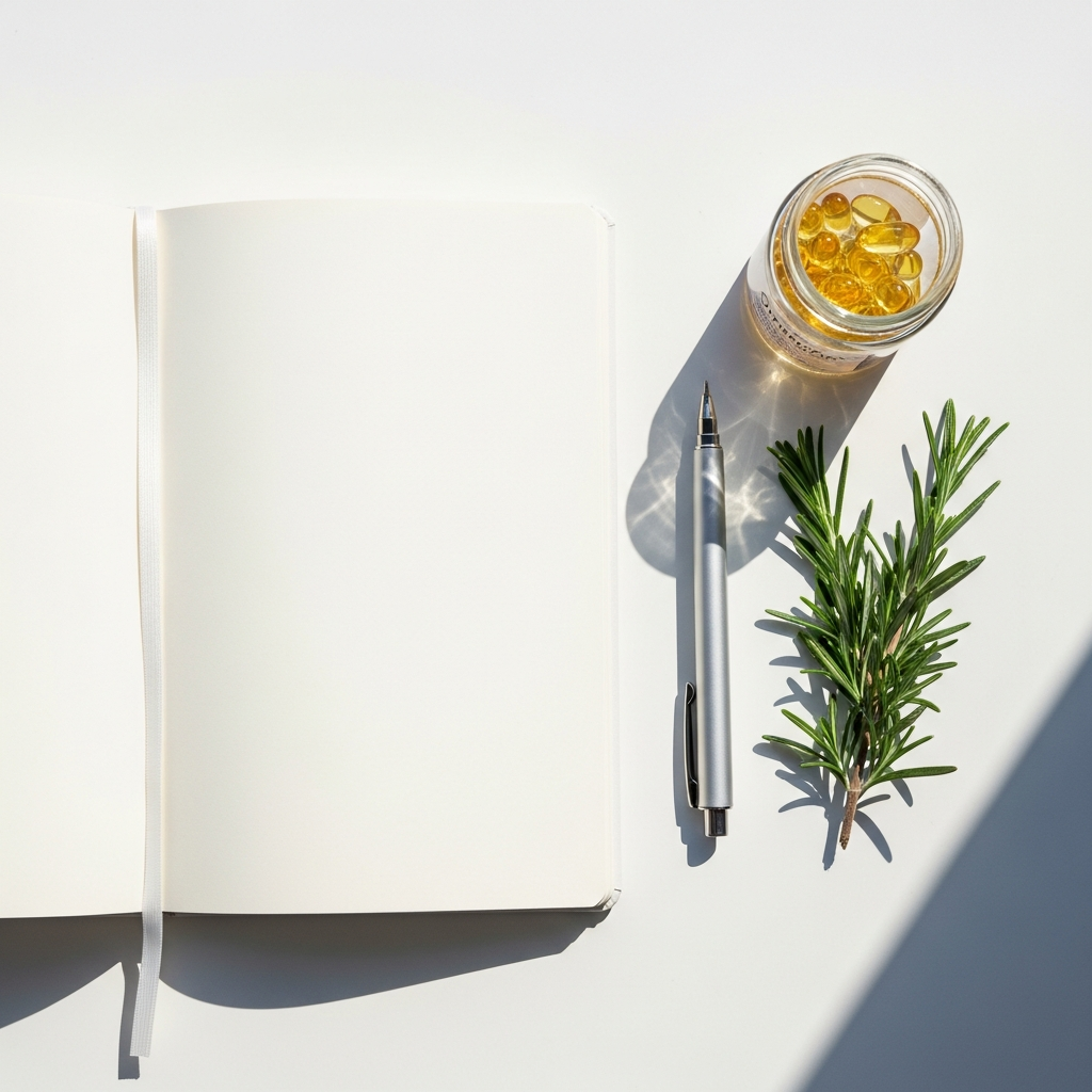 Overhead flat lay of a white notebook open to a blank page, a fine-tipped pen, a small glass jar of omega-3 capsules, and a sprig of fresh rosemary on a bright white surface in natural daylight
