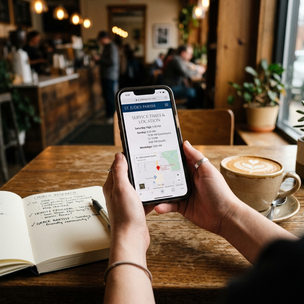 Person researching churches on smartphone with notebook and coffee