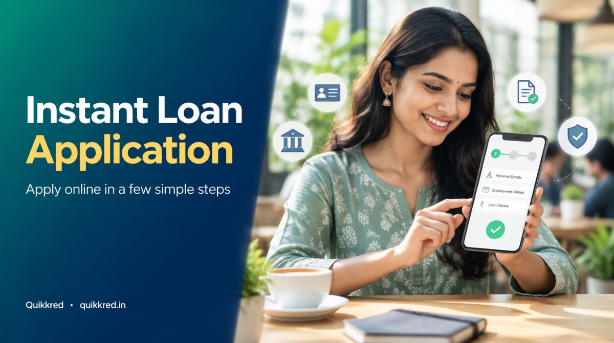 Instant loan application - Quikkred Instant loan application with Quikkred: a woman applying for a short-term loan on her smartphone
