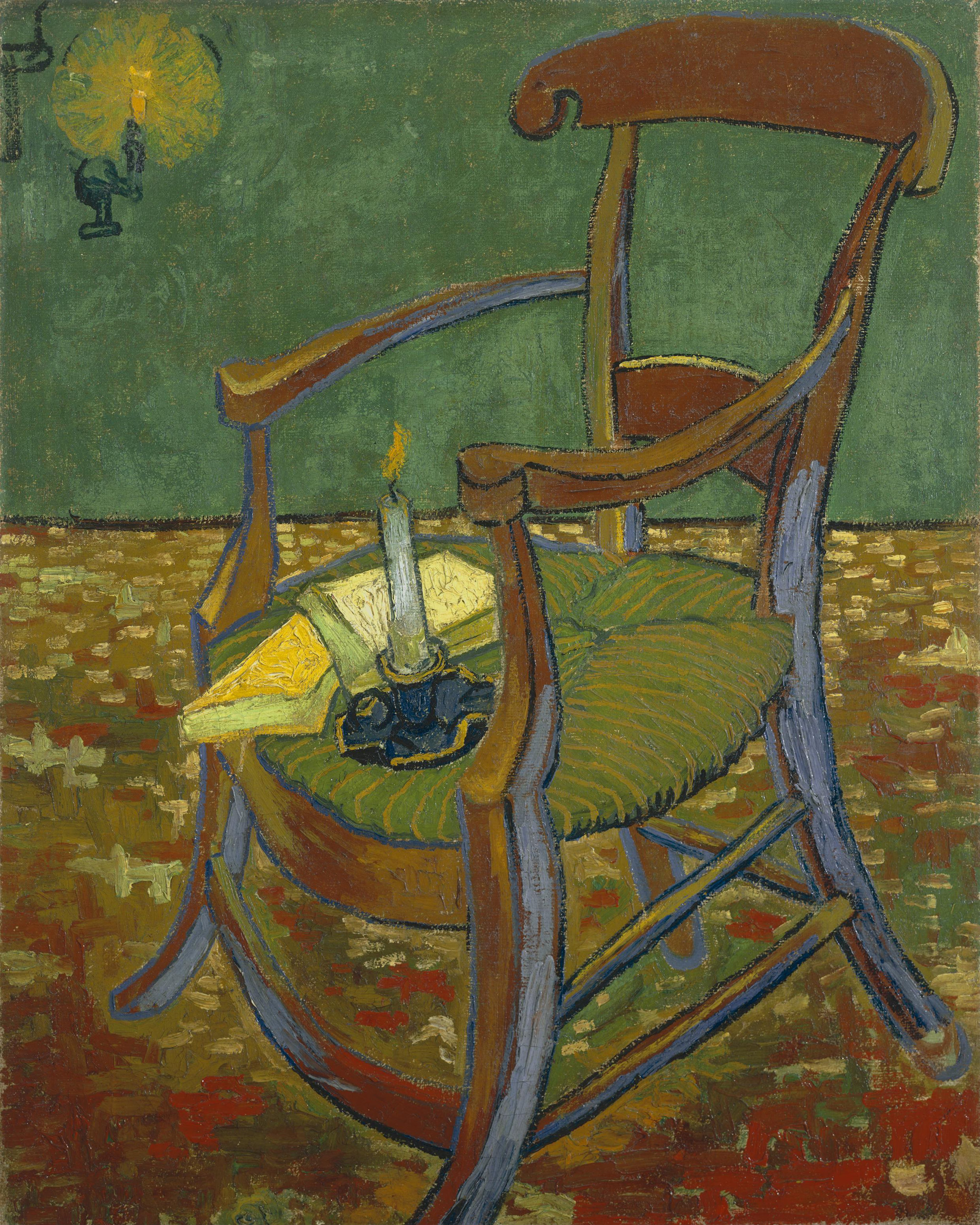 Van Gogh's painting of Gauguin's armchair with books and a lit candle