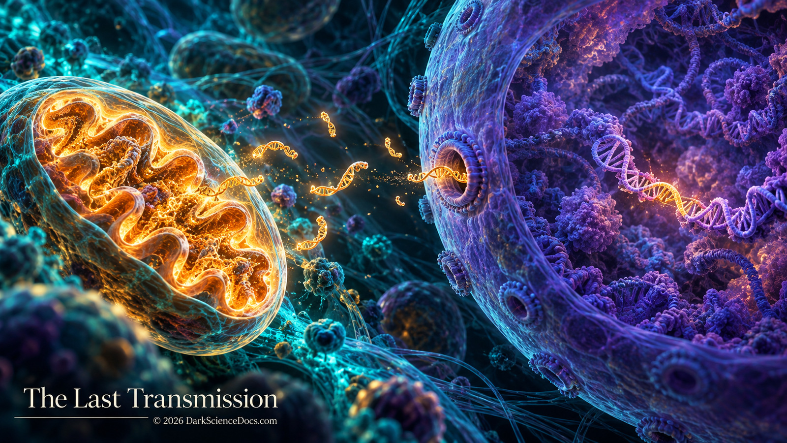 Concept artwork. Mitochondrial DNA fragments can leave traces in nuclear chromosomes.