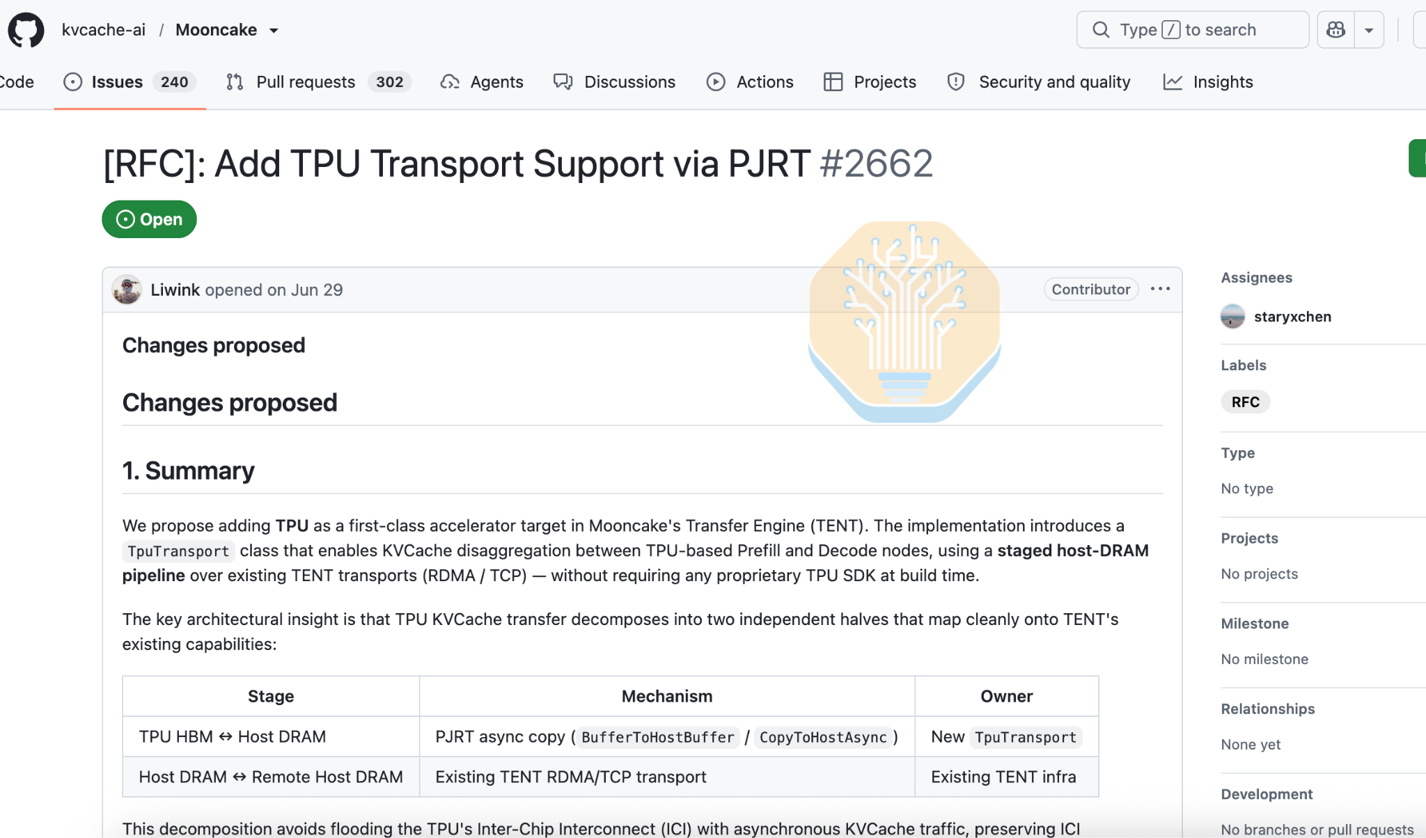 Mooncake GitHub issue proposing TPU support for the Mooncake Store offloading library