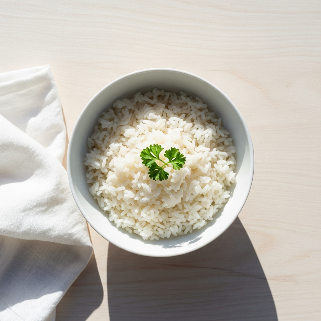 Bright overhead flat lay of a white ceramic bowl of plain steamed white rice on a light wood surface, with a small sprig of fresh parsley, sunlit from above, white linen cloth to the side