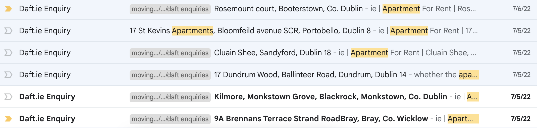 a screenshot of emails sent to enquire about a place to live. there are 8 in this screenshot