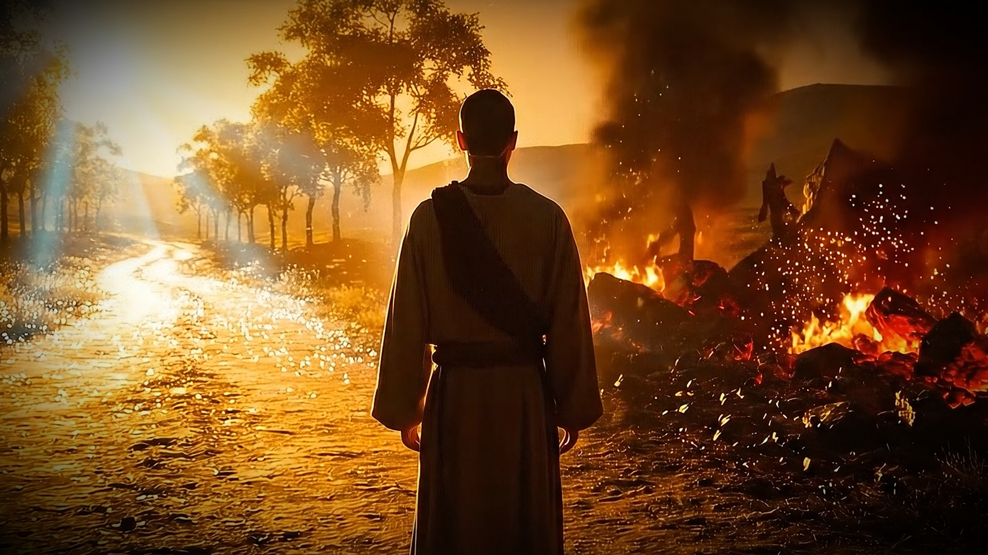 Cinematic image of a man standing between two paths, one filled with golden light and peace and the other burning with fire and darkness, symbolizing the choice between life and destruction.
