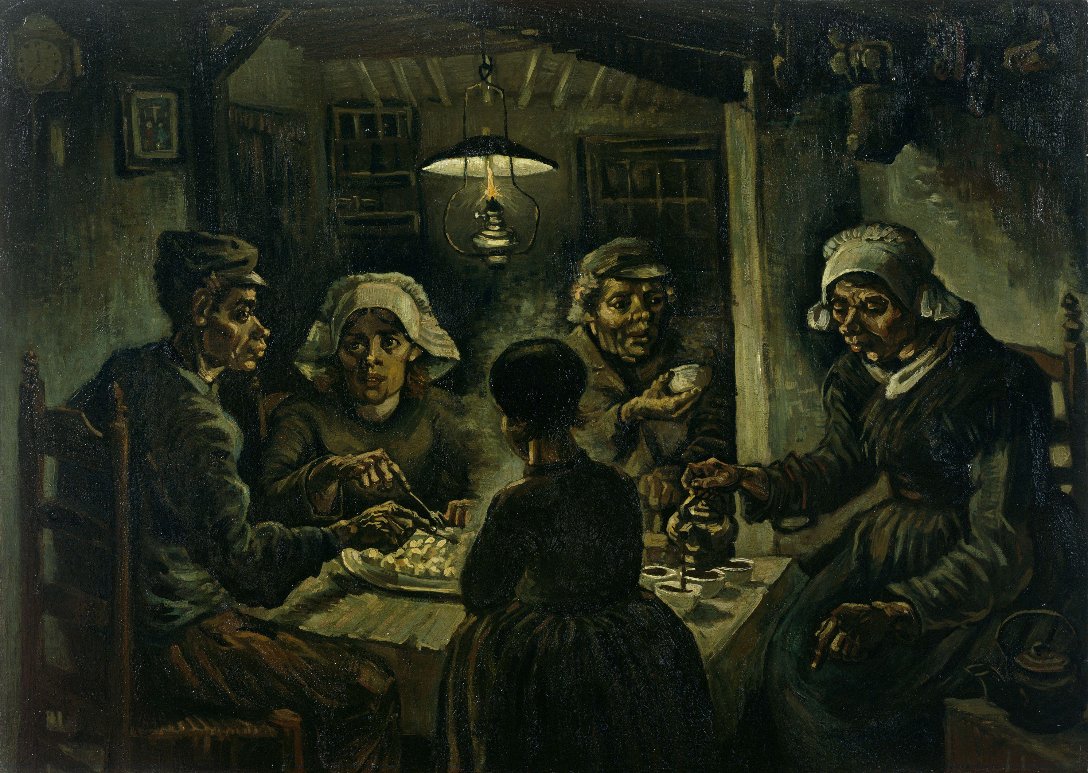 Van Gogh's The Potato Eaters showing five people around a dimly lit table