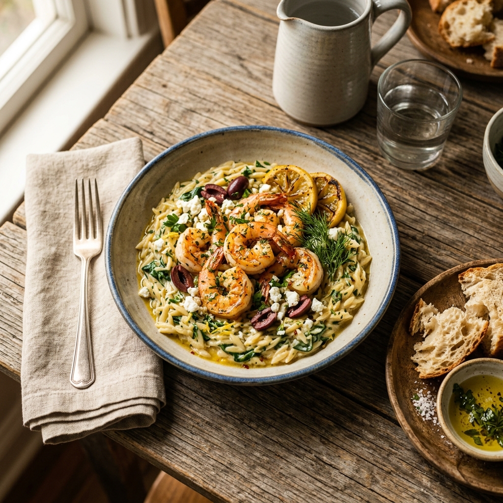 A bowl of Mediterranean lemon-garlic shrimp over orzo pasta with feta cheese and fresh herbs on a farmhouse table