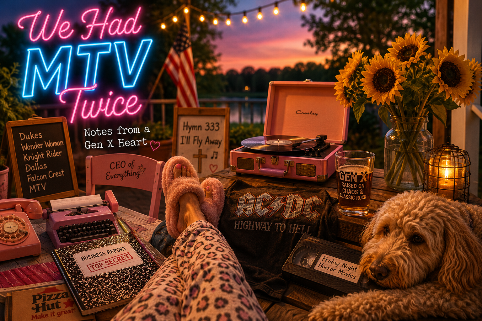 A nostalgic Gen X patio scene with a pink record player, rotary phone, typewriter, sunflowers, an AC/DC shirt, a VHS tape, and a doodle at sunset.