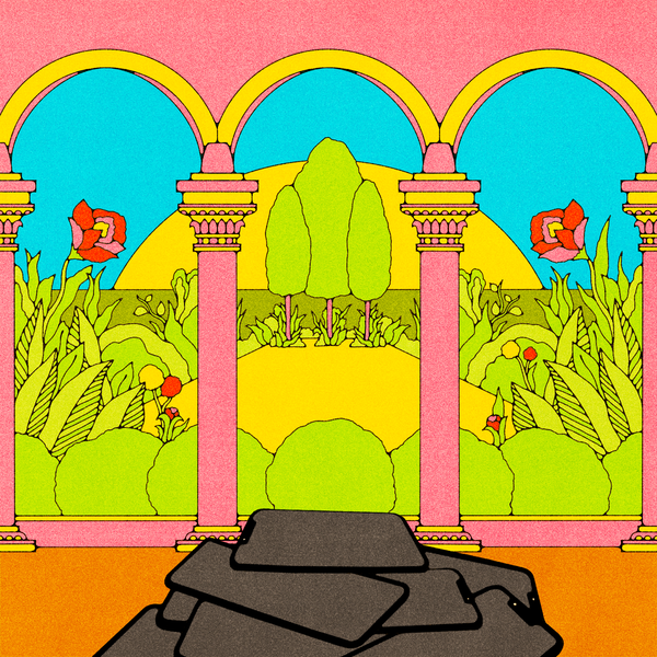 An illustration of a lush green-and-yellow garden shows through four pink-and-yellow columns, with a pile of smartphones in the foreground