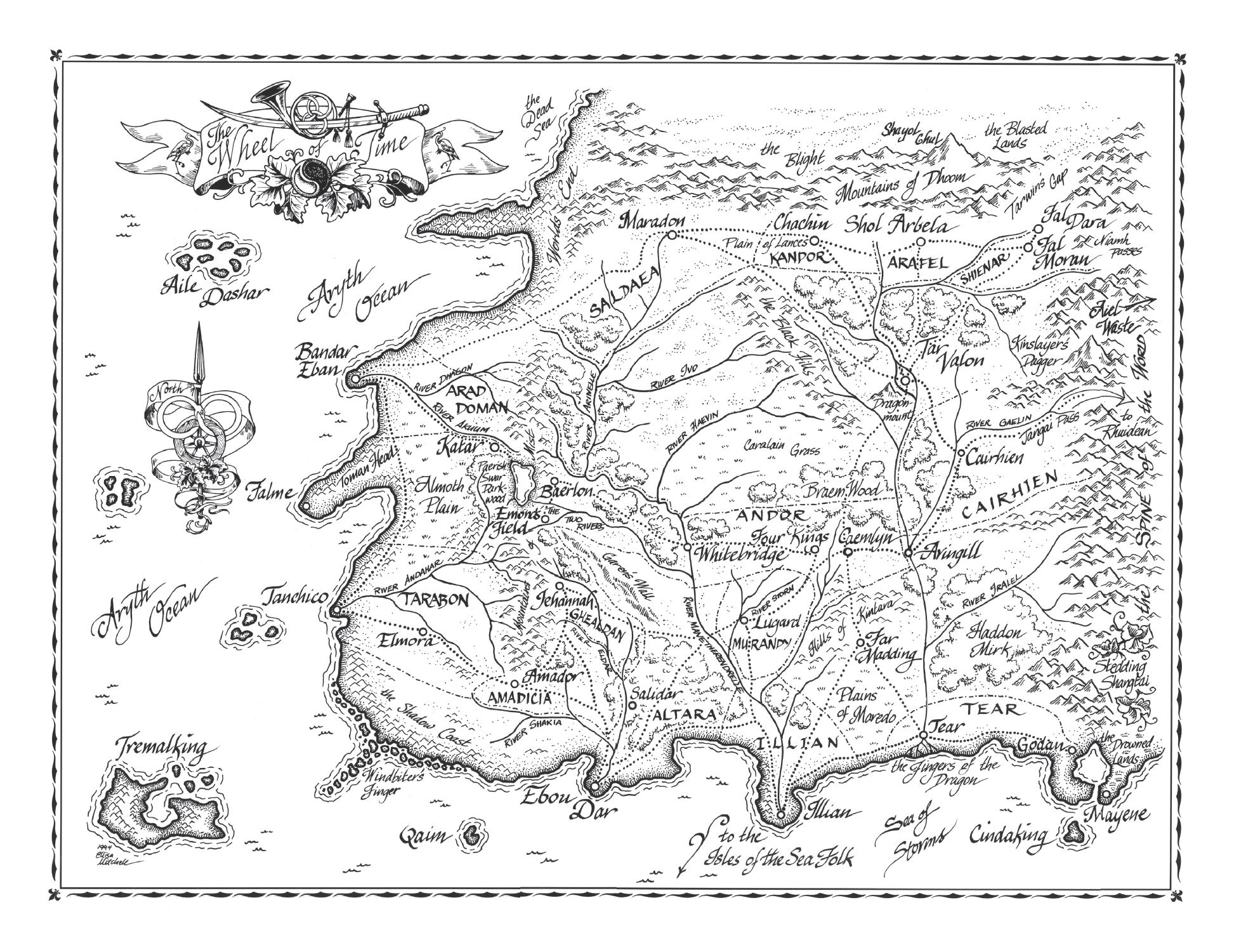 Original map illustration of the world of the Wheel of Time by Elissa Mitchell. Black and white.