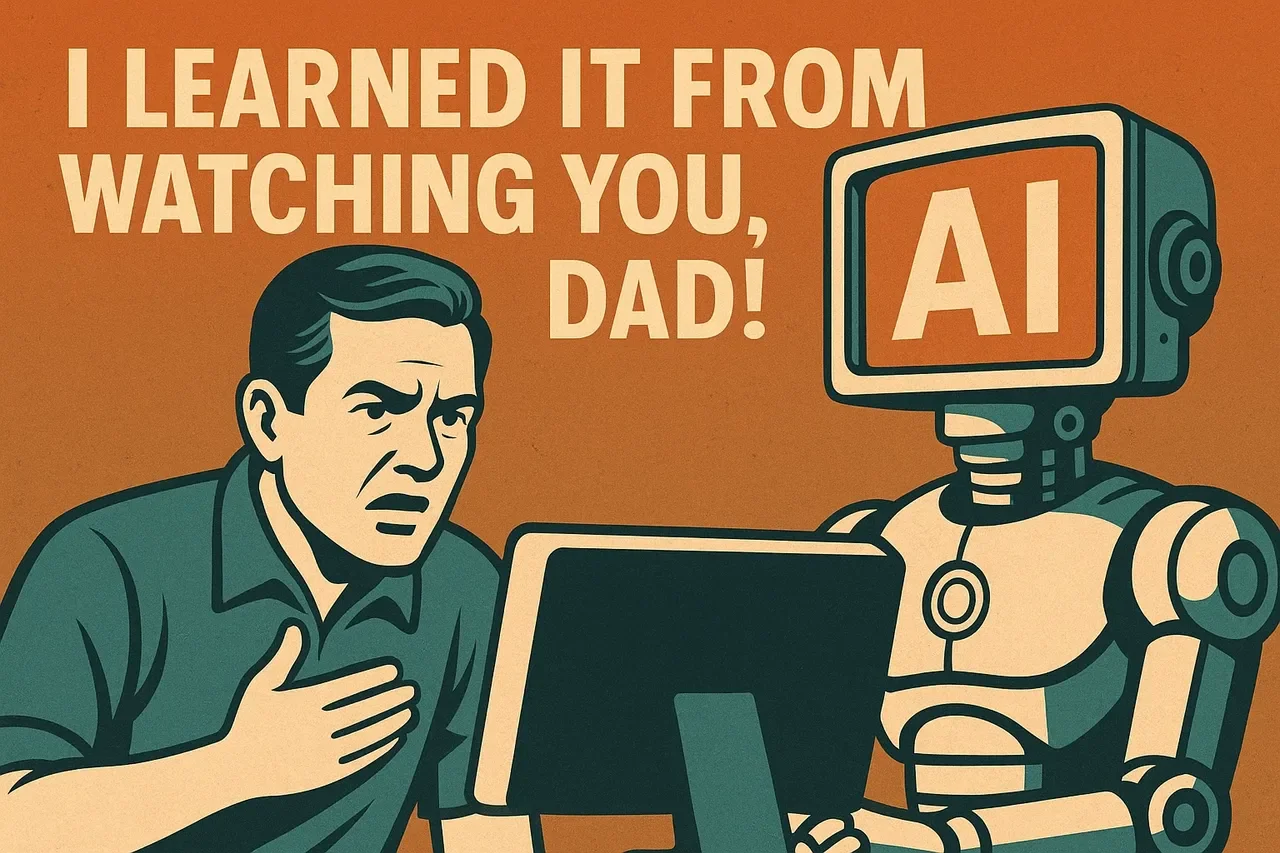 Picture of a guy and a robot with the caption "I learned it from watching you, Dad!"
