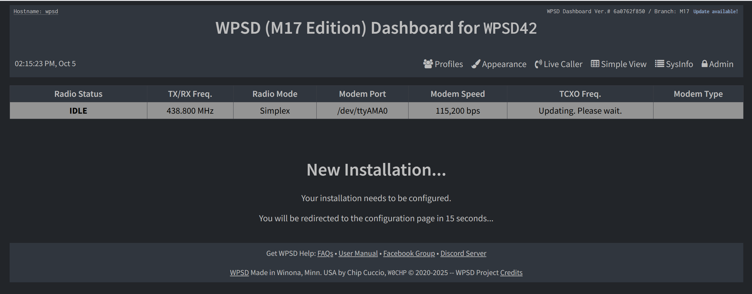 WPSD-M17 booted and ready to configure