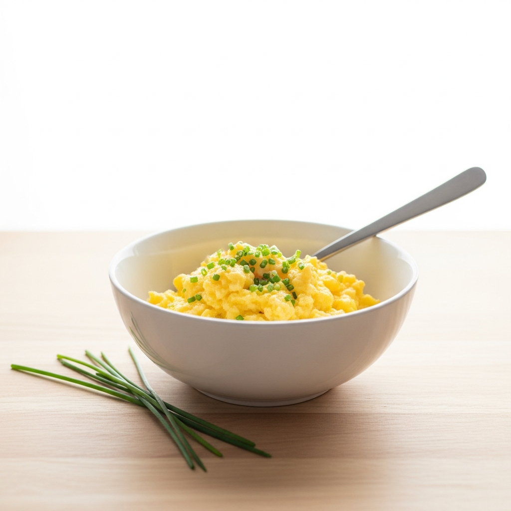 Bright photograph of soft scrambled eggs in a white ceramic bowl on a light wood surface, with a small sprig of fresh chives beside it, bright natural daylight, clean white background
