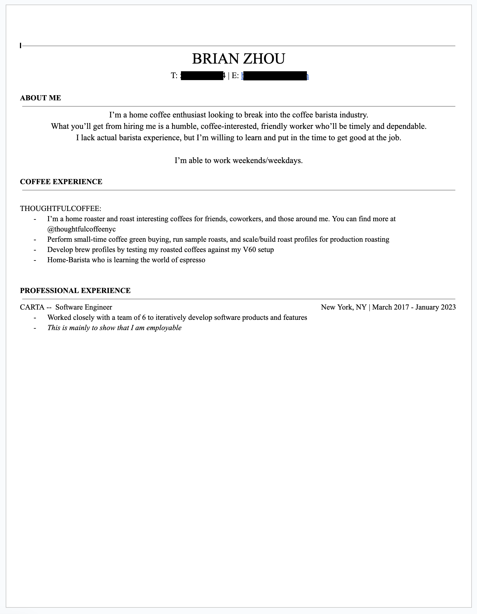 Brian's barista resume