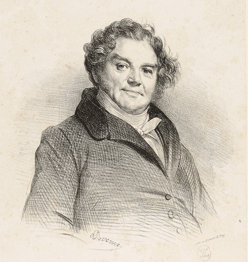 Lithograph portrait of a male figure with curly hair, wearing a coat with a high collar and a cravat, looking directly at the viewer