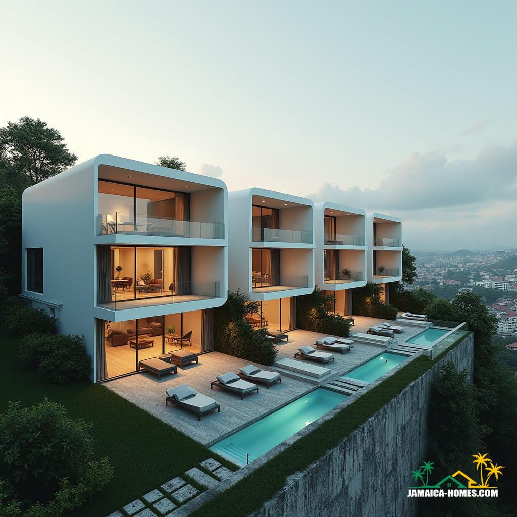 Nestled in the heart of Kingston, Jamaica, the Vertical Oasis Residences offer a modern living experience like no other. These unique four-story homes are designed with verticality in mind, maximizing space in a compact, sleek structure that resembles the size of a single-car garage. The minimalist exterior, featuring large glass windows and contemporary finishes, provides a perfect blend of elegance and functionality.