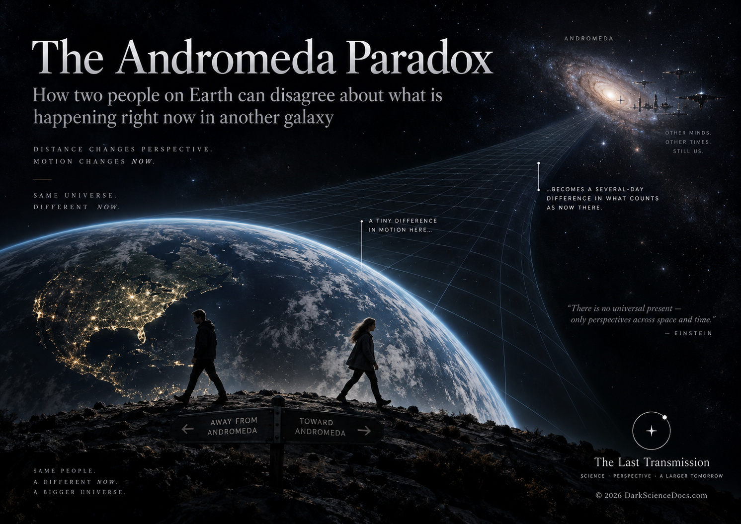 Conceptual observers on Earth with differently angled connections to Andromeda