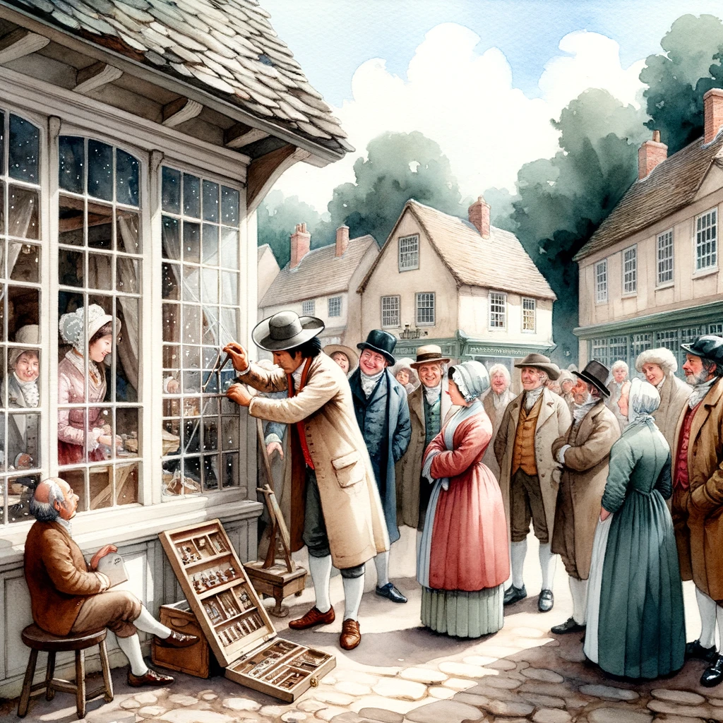 Watercolor painting of a peaceful 18th-century market scene. The focal point is a charming shop, where a man of Asian descent is fixing the window glass. Surrounding him, a crowd of diverse townsfolk in period clothing look on with interest, discussing the repair. Watercolor painting of a peaceful 18th-century market scene. The focal point is a charming shop, where a man of Asian descent is fixing the window glass. Surrounding him, a crowd of diverse townsfolk in period clothing look on with interest, discussing the repair.